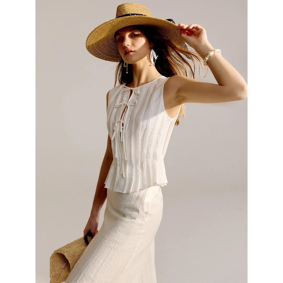 玖着'爱琴海'轻盈丝柔天然亚麻凉爽亲肤塔克褶系带马甲半裙套装