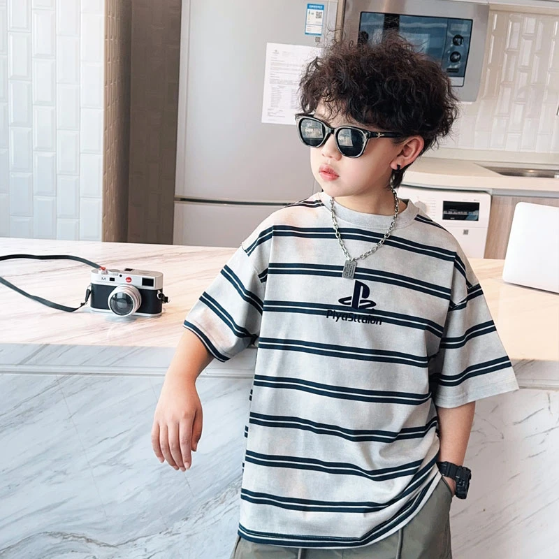 条纹短袖T恤洋气男童圆领休闲宽松中大童夏季洋气打底衫S7529