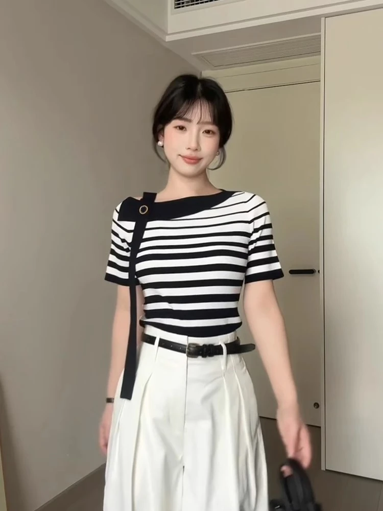 韩系黑白条纹一字肩短袖t恤女夏季小个子冰丝针织短款露肩上衣薄