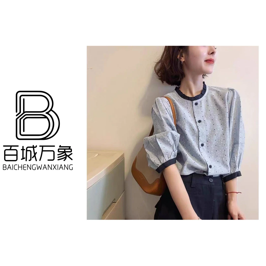 夏季新法式圆领灯笼袖波点衬衫复古薄款小个子女撞色上衣7710