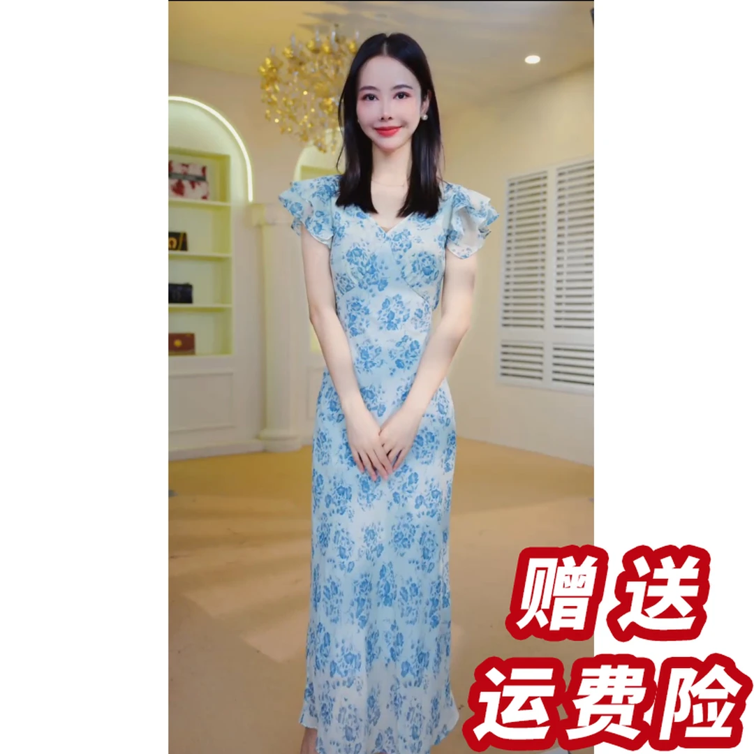 【赠送运费险】【碎瓷冰蓝】法式高品显气质休闲风显瘦连衣裙J47141