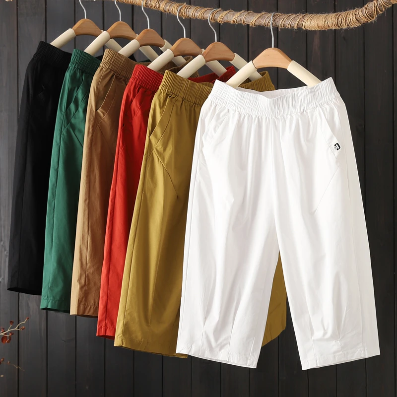 高腰六分裤子女2025夏季新款斜纹棉宽松直筒休闲百搭阔腿五分中裤