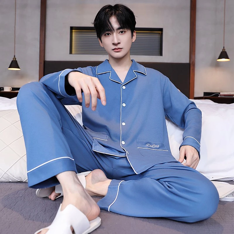 睡衣男士春秋季长袖长裤休闲开衫简约宽松加大码可外穿家居服套装