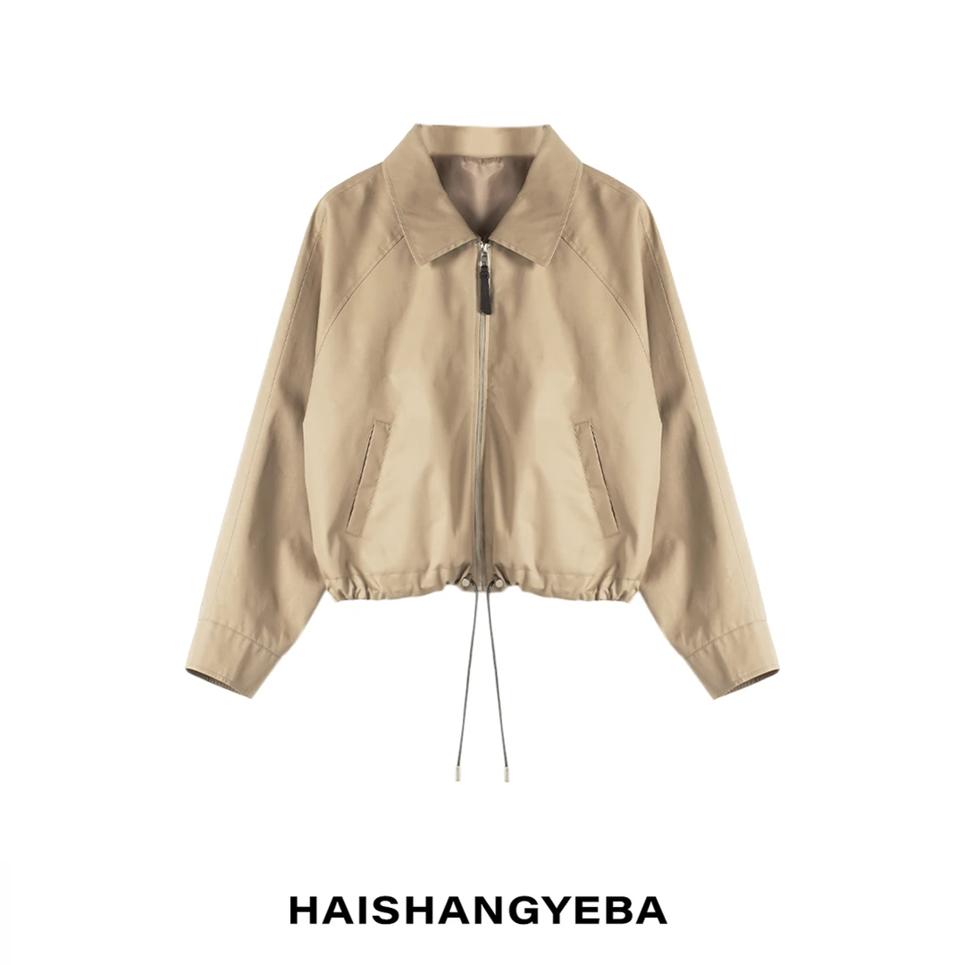 【海上叶爸】新款2025春秋百搭棉翻领拉链羊皮宽松长袖短款外套