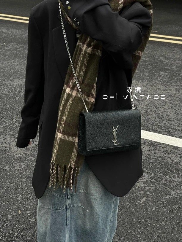 95新 YSL/圣罗兰 7617 黑银kate单肩斜挎包中号