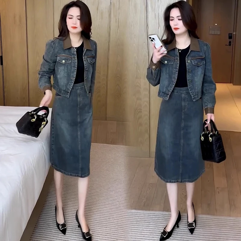 时尚牛仔套装裙女2025春季新款洋气显瘦短款外套半身裙休闲两件套