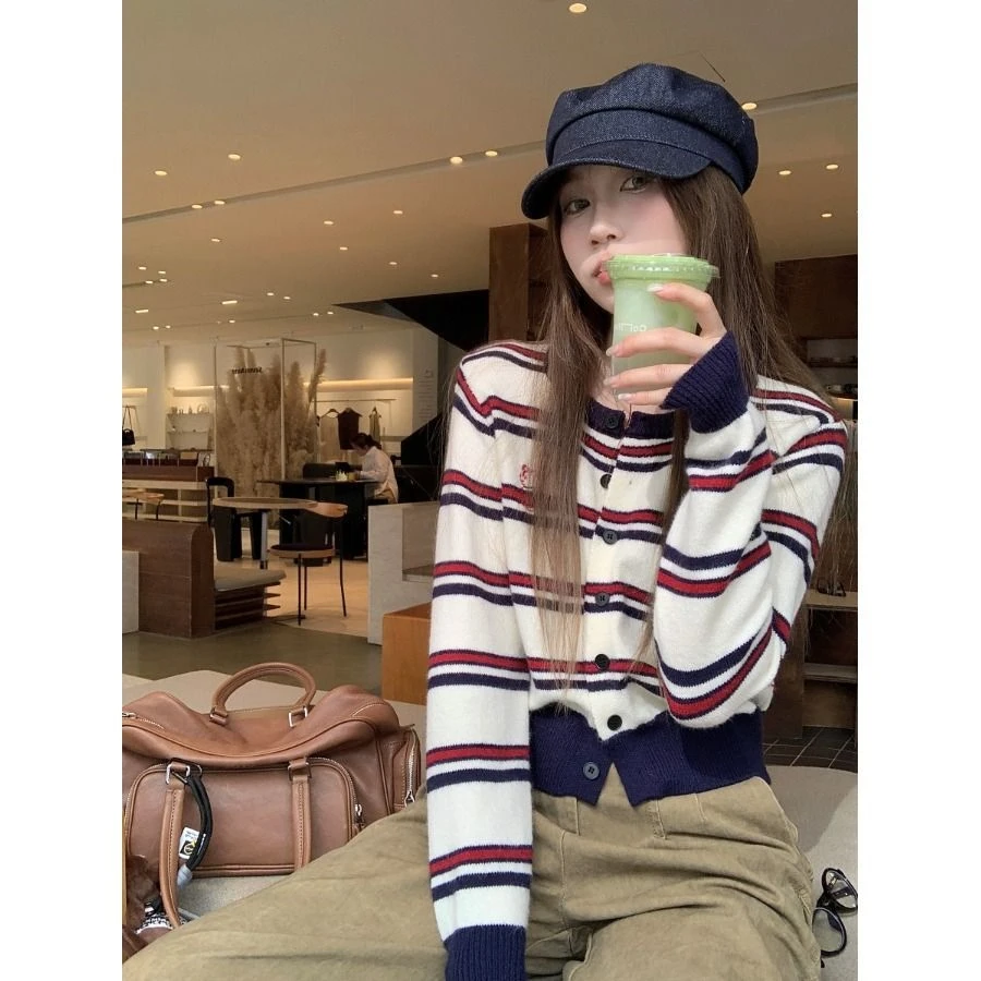 撞色条纹针织开衫女2025早秋季新款慵懒风小个子短款毛衣外套上衣
