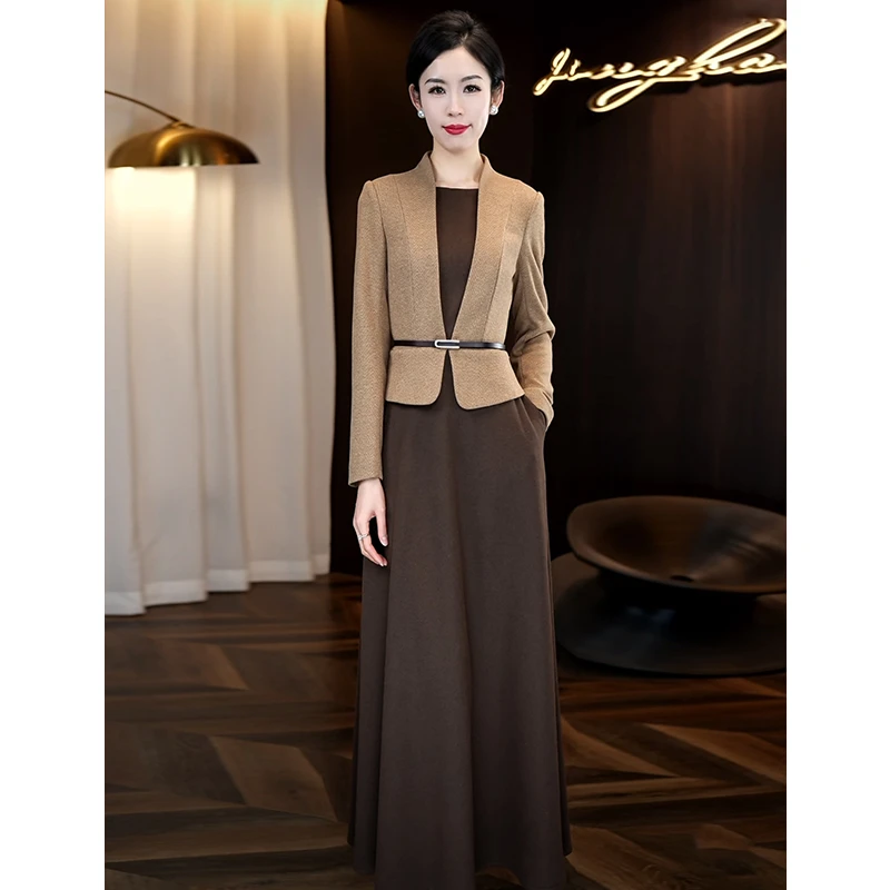 假两件加厚毛呢拼接连衣裙女2025秋冬新款长裙冬天保暖打底裙子