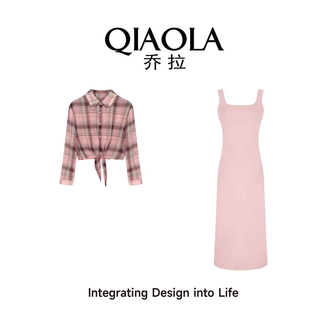 QIAOLA/乔拉【心动交织】夏季梭织格纹翻领慵懒A版上衣裙子