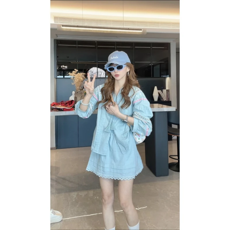 斯米兰花境 重工花朵刺绣蕾丝拼接娃娃衬衫+a字半裙套装女