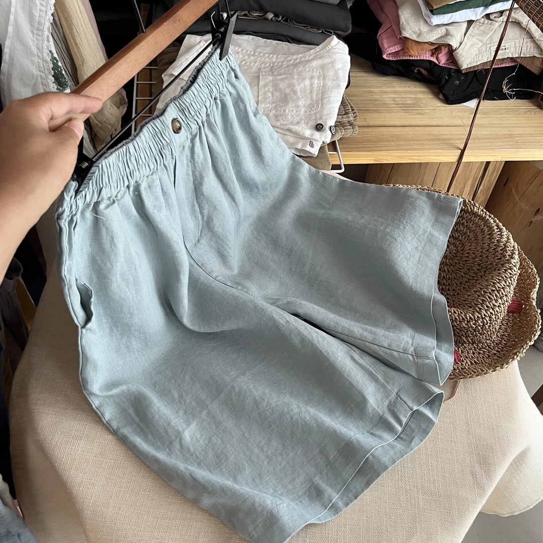 2025夏季新款热裤短裤显瘦褶皱成人五分裤纯色纯亚麻阔腿裤西裤女