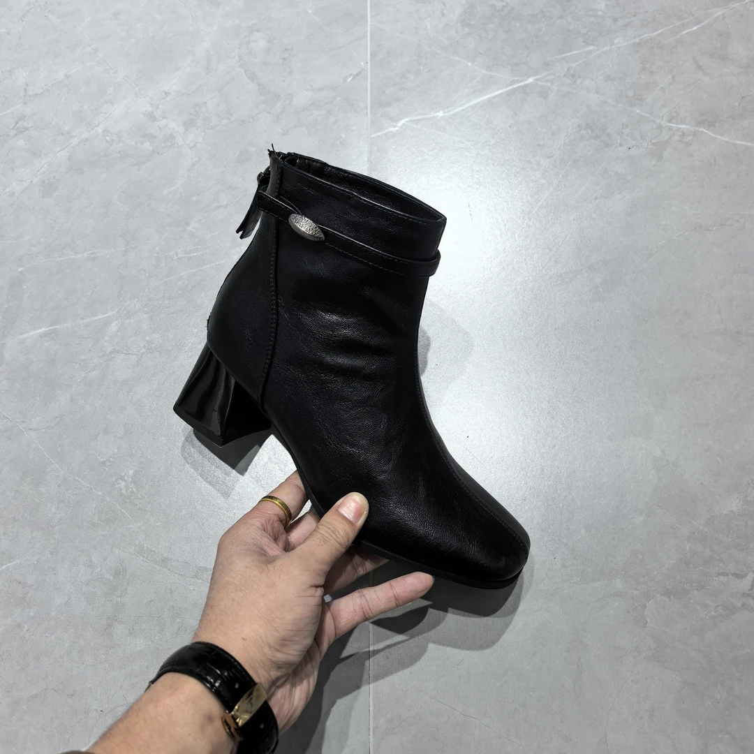 欧陌短靴2025方头后拉链粗跟秋秋冬加绒气质时尚百搭女靴