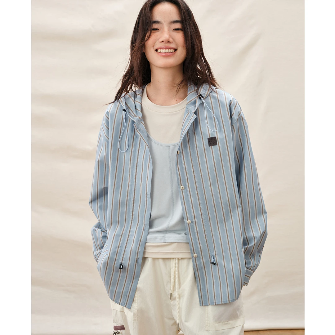 章鱼家【户外休闲】条纹抽绳连帽衬衫上衣落肩宽松衬衣外套octopusm