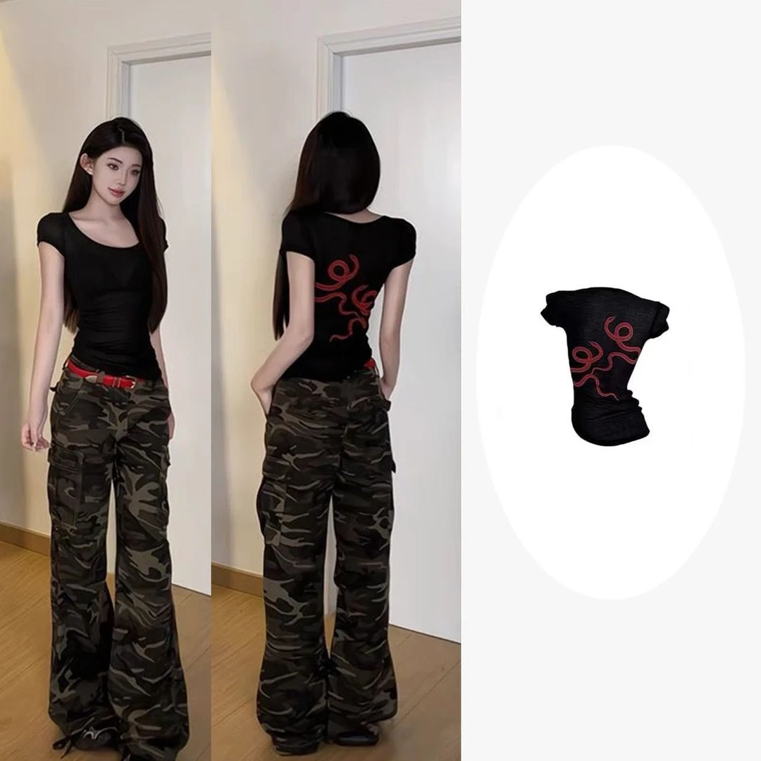 印花微透短袖T恤女装夏季圆领设计感纯欲风小众辣妹紧身薄款上衣