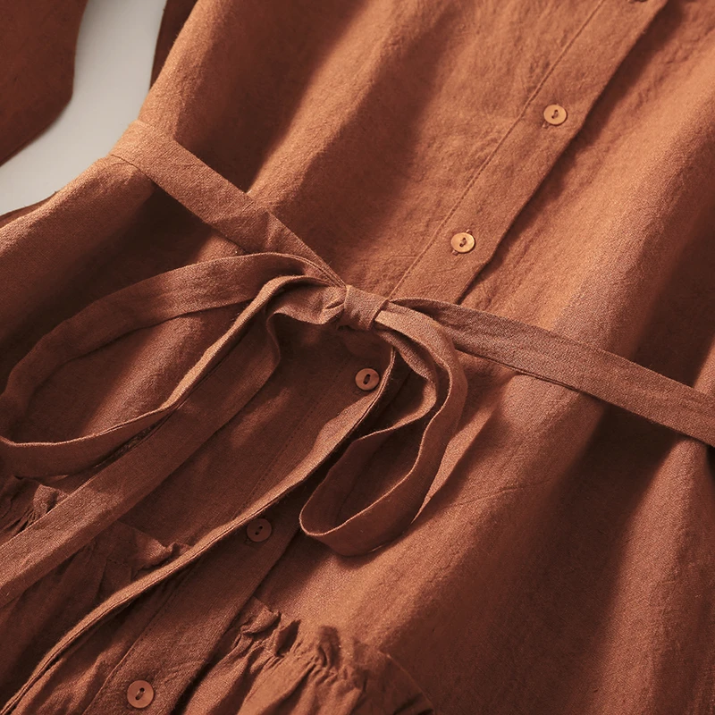 文艺宽松长袖翻领开衫连衣裙女式复古民族风中长款气质系带衬衫裙