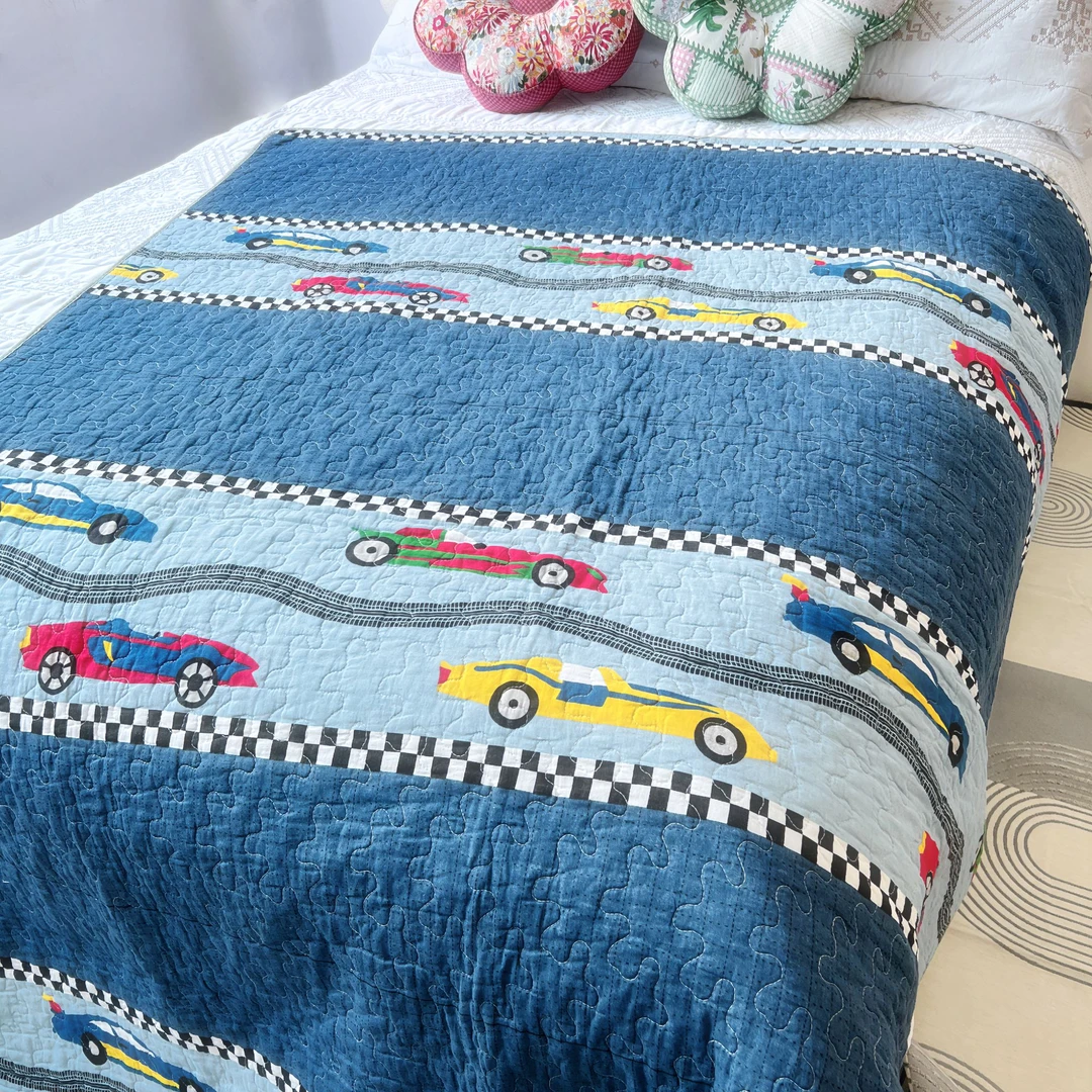 【花季】蓝小汽车双面纯棉床盖140*200单人床三层夹棉榻榻米床单