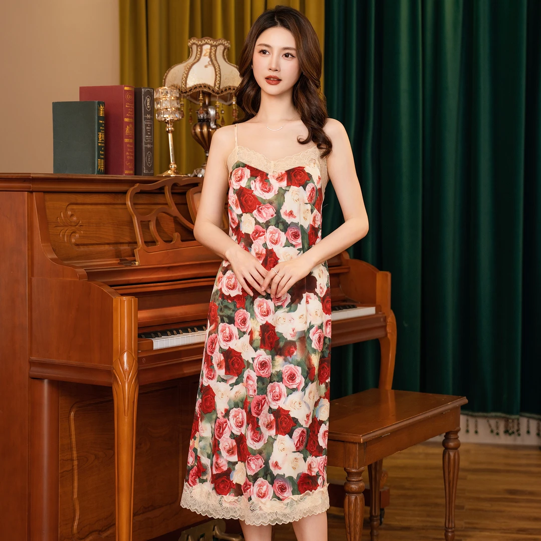 达芬奇密码油画玫瑰2025夏季复古印花女士蕾丝气质性感连衣裙睡裙