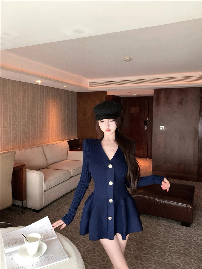 针织毛衣长袖V领收腰显瘦花苞裙气质小众开衫小个子短裙小香风