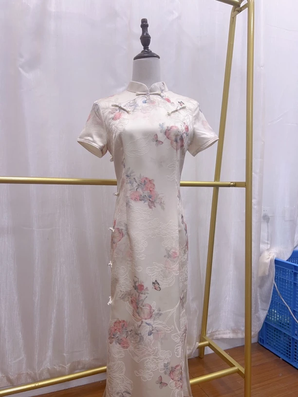 V-3020 夏怜语 锦缎提花 新中式国风夏款年轻款改良旗袍120cm长款