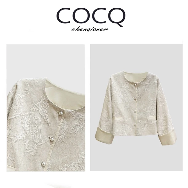【COCQ】重工腰果花刺绣珍珠扣亚麻国风短外套