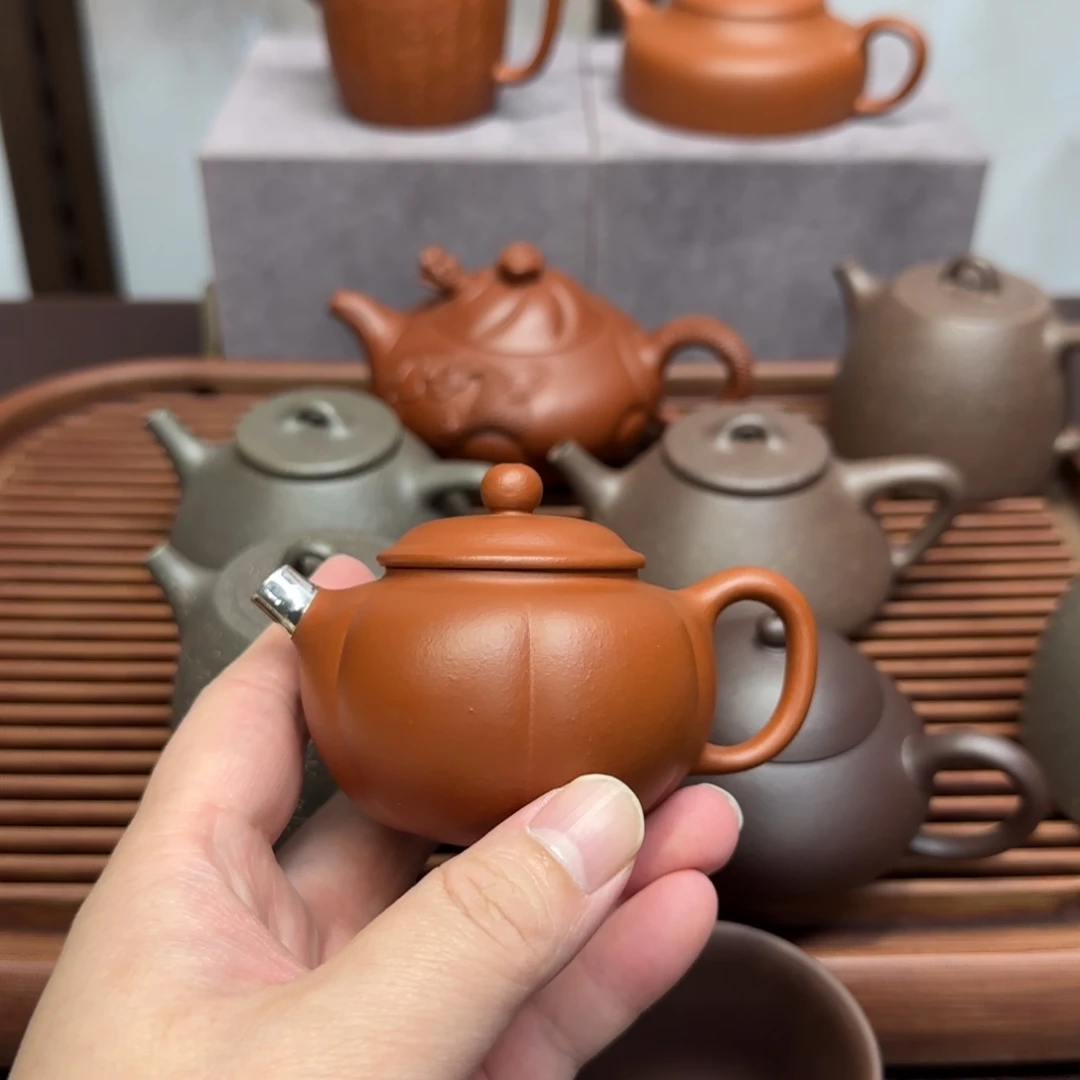 茶壶紫砂红朱泥筋纹贡珠包银嘴