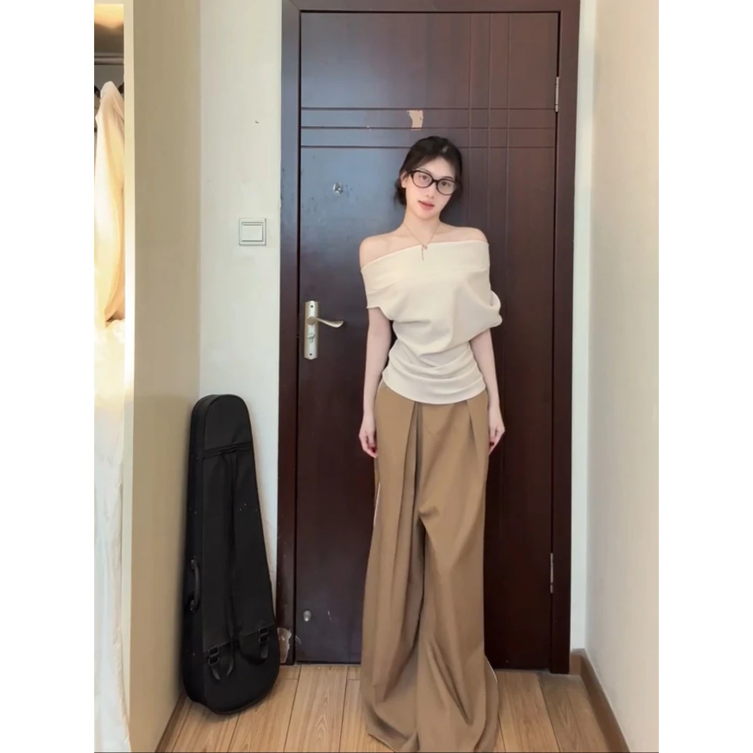 老钱风松弛感女装贵气K套装女2025夏季新款韩系辣妹斜肩收腰T恤上