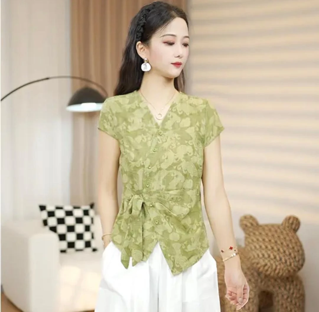 6400夏季新款碎花系带小衫透气时尚短袖T恤气质洋气绿色复古印花