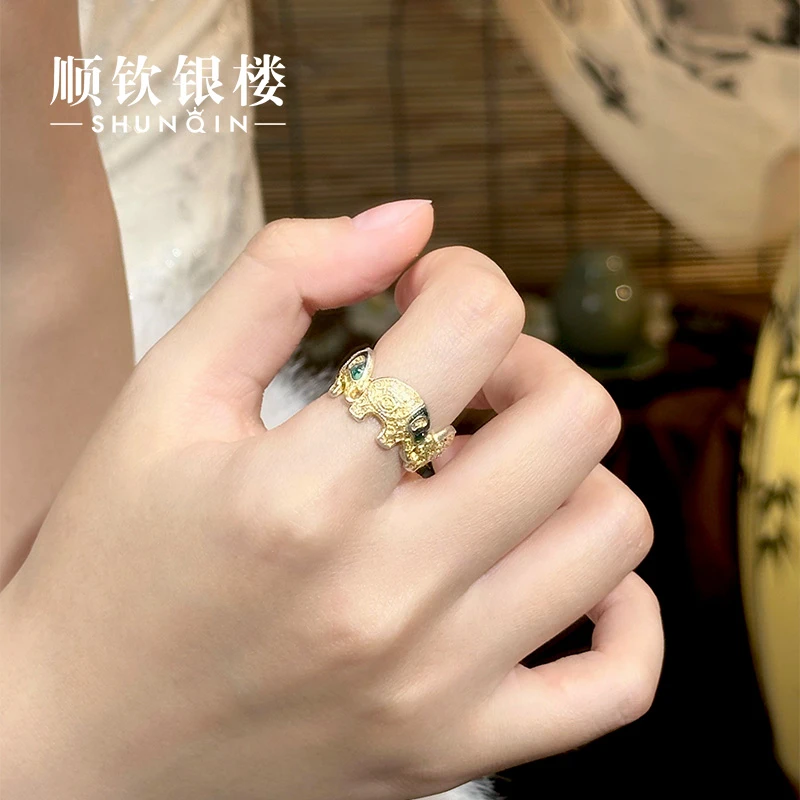 顺钦银楼 足银珐琅戒指 【金吉象戒指】足银999.9新中式描金吉象戒