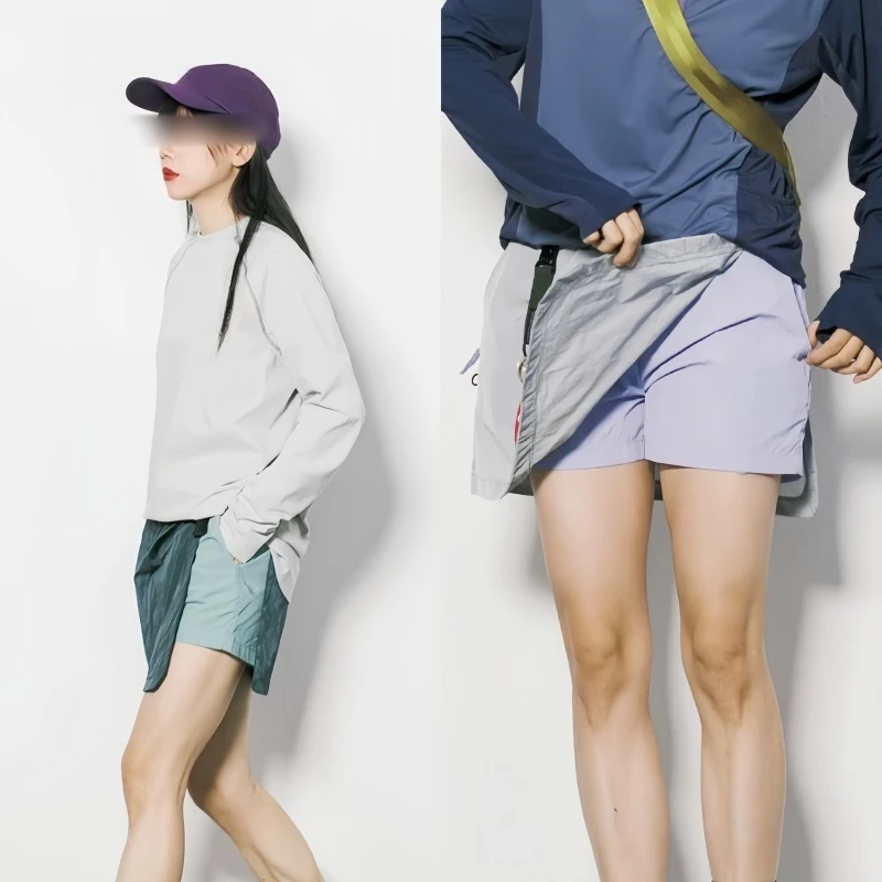 【潮酷二重奏】山系户外露营拼色女款跑步运动防走光工装裙裤C1655