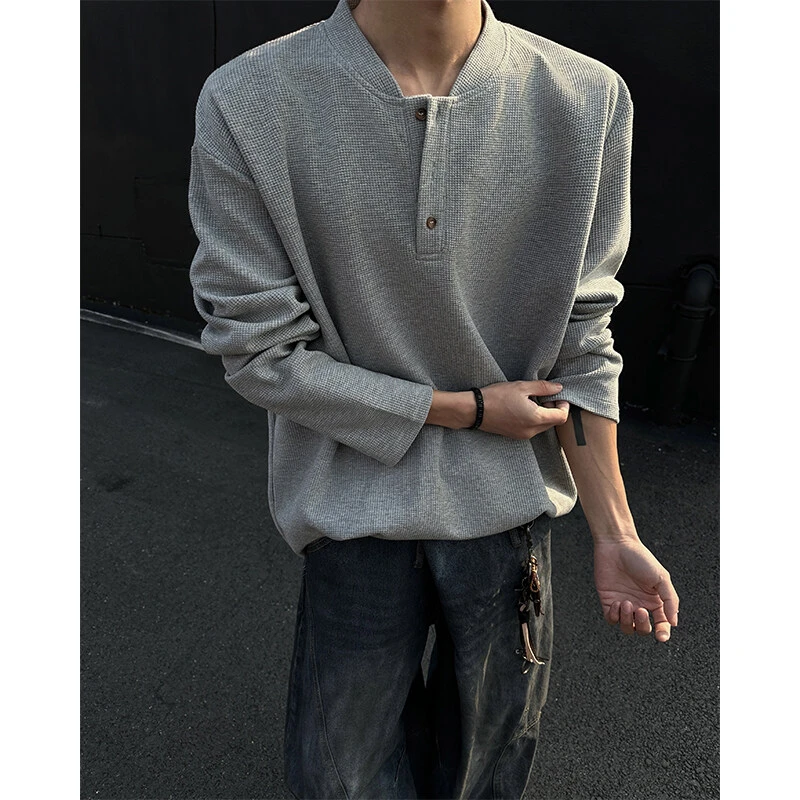 美式亨利领长袖t恤男款春秋cleanfit慵懒复古打底衫宽松内搭上衣