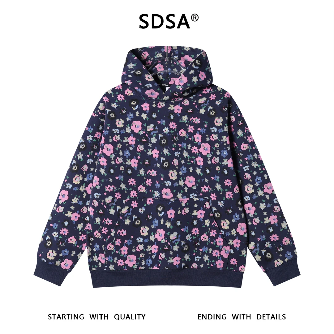 SDSA秋冬新款痞帅男装潮牌休闲满印植物花卉印花连帽卫衣百搭简约