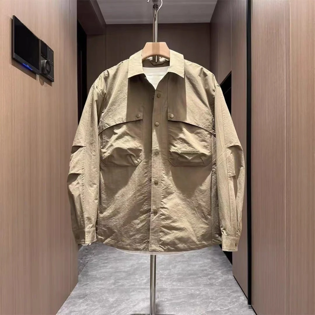 春秋季男士潮牌工装翻领衬衫夹克简约纯色百搭宽松户外冲锋衣外套