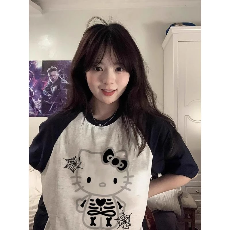 美式插肩短袖纯棉T恤女夏季爆款拼色特大码胖MM学生半袖衫ins上衣