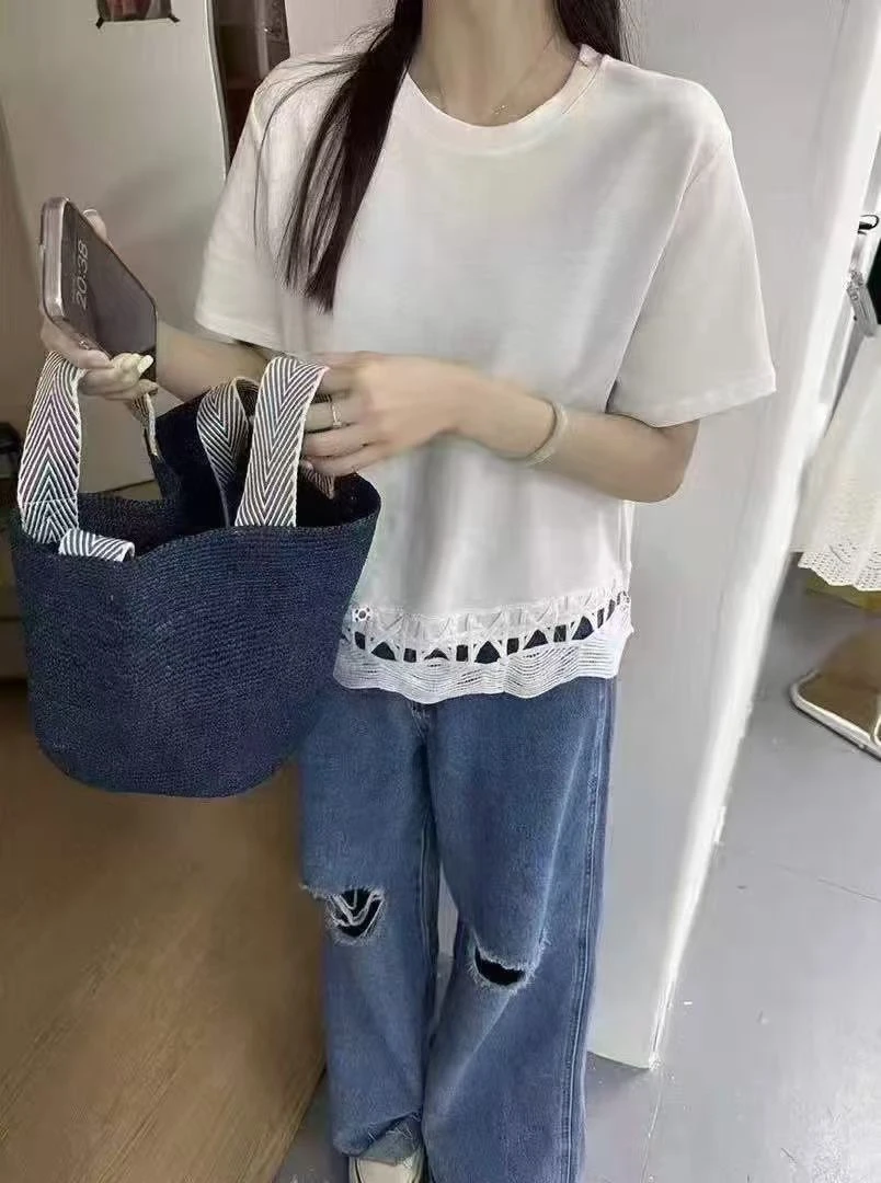 UM626韩系下摆镂空花边圆领短袖T恤2025春夏新款短袖T恤