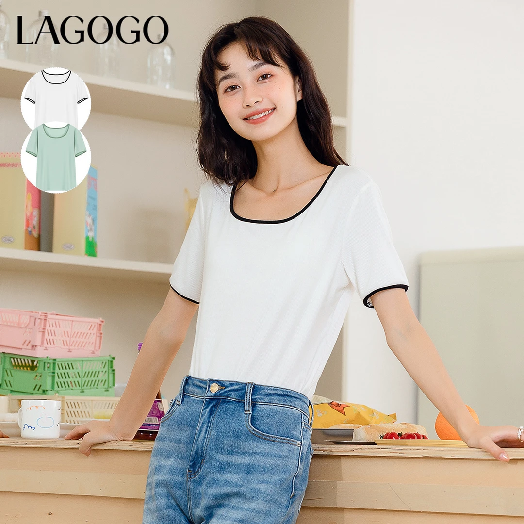 【夏上新】lagogo撞色大方U型领T恤女MATT353G60