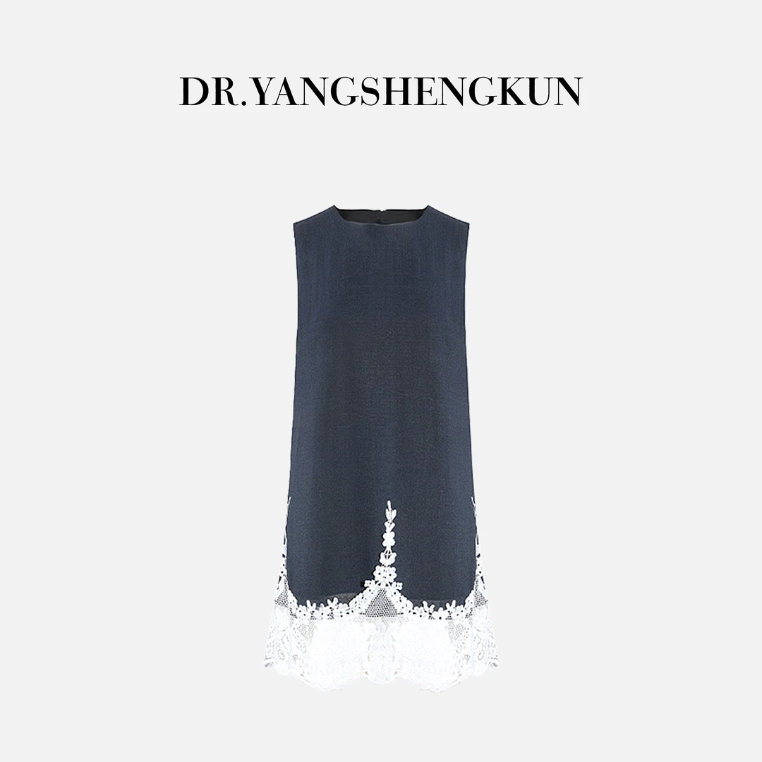 DR杨圣坤2025夏季时尚百搭宽松显瘦无袖蕾丝拼接连衣裙B2503-2606