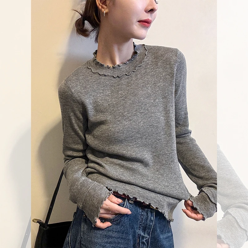 韩系灰色木耳边假两件针织打底衫女秋冬设计感修身显瘦内搭上衣厚