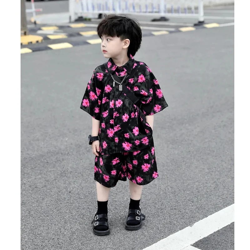 儿童装男童夏装套装2025新款痞帅男孩衬衫洋气宝宝炸街休闲两件套