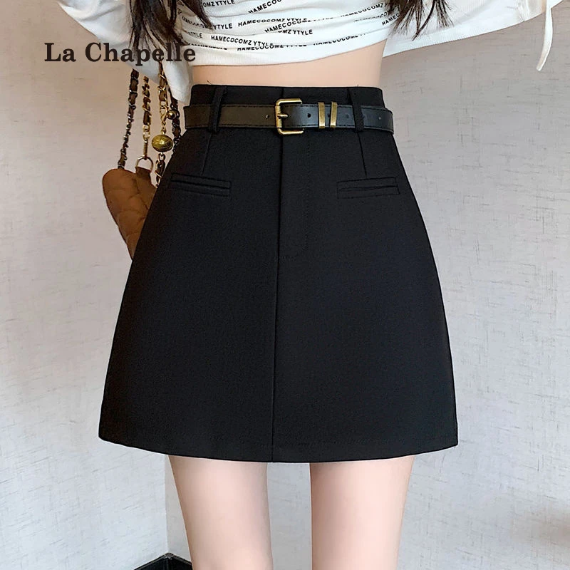 拉夏贝尔黑色半身裙女春夏西装短裙高腰包臀裙A字裙一步裙配腰带