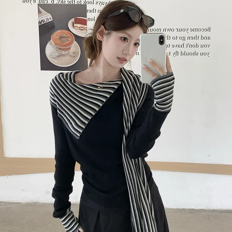小众拼接条纹围巾假两件针织衫女装秋冬季修身独特漂亮打底衫上衣