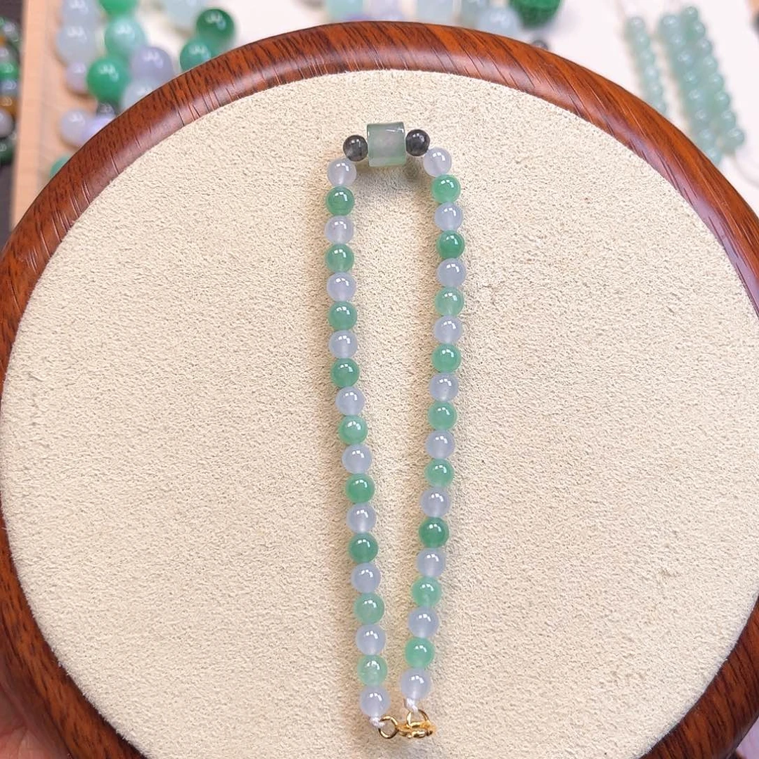 翡翠散珠翡翠A货紫绿手串 卡4.0