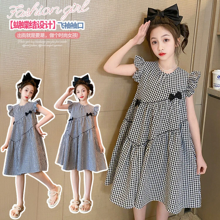 【梦梦】童装女童夏装漂亮裙子格子蝴蝶结儿童小女孩洋气时髦公主裙