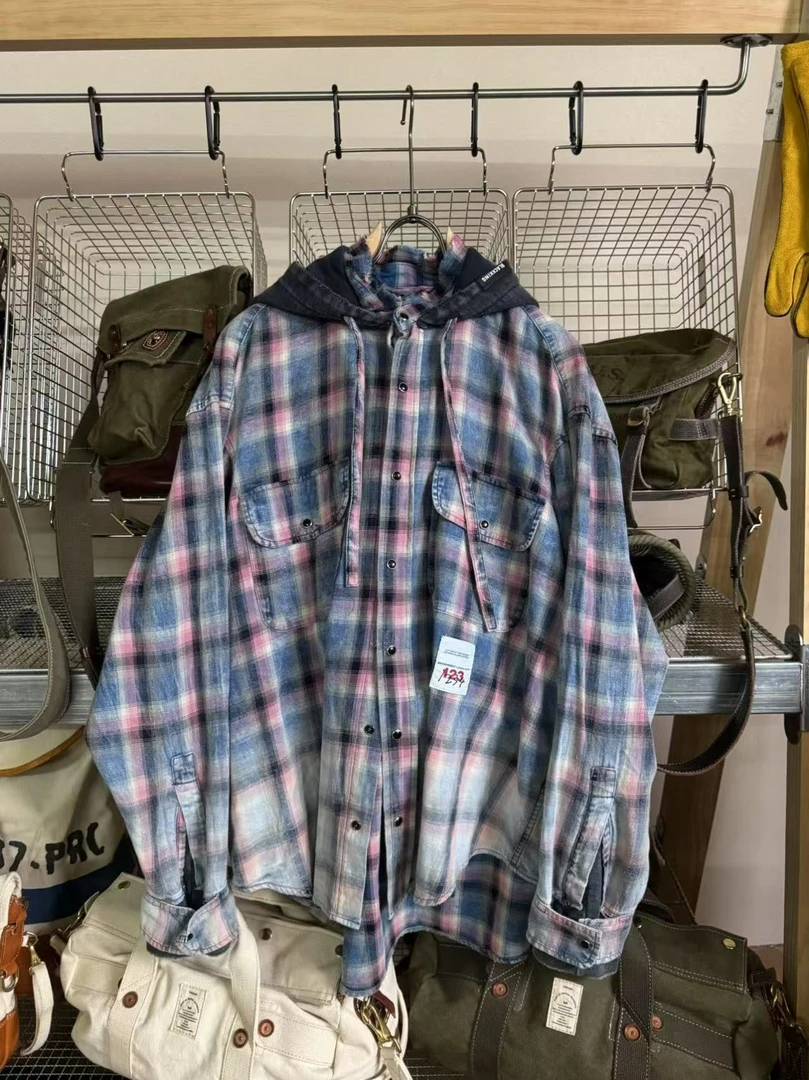 253063-高端买手店褪色做旧格子连帽衬衣外套