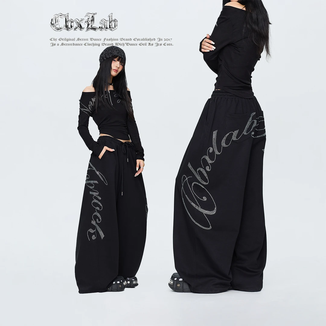 【达人专属】CBXLAB街舞潮牌运动闪钻甜心长裤黑直筒休闲宽松针织秋