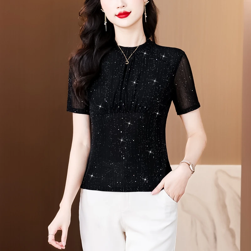 夏季短袖T恤女洋气时尚淑女气质显瘦纯色小衫褶皱法式设计感上衣