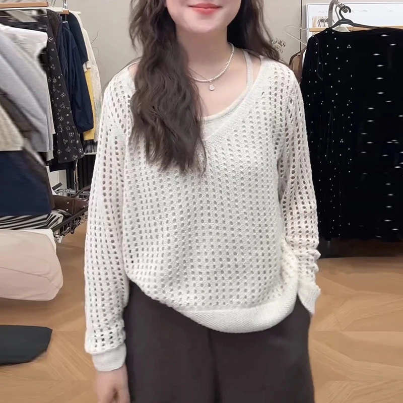 小个子2025秋季韩版新款镂空针织衫假两件显瘦上衣设计感小众女