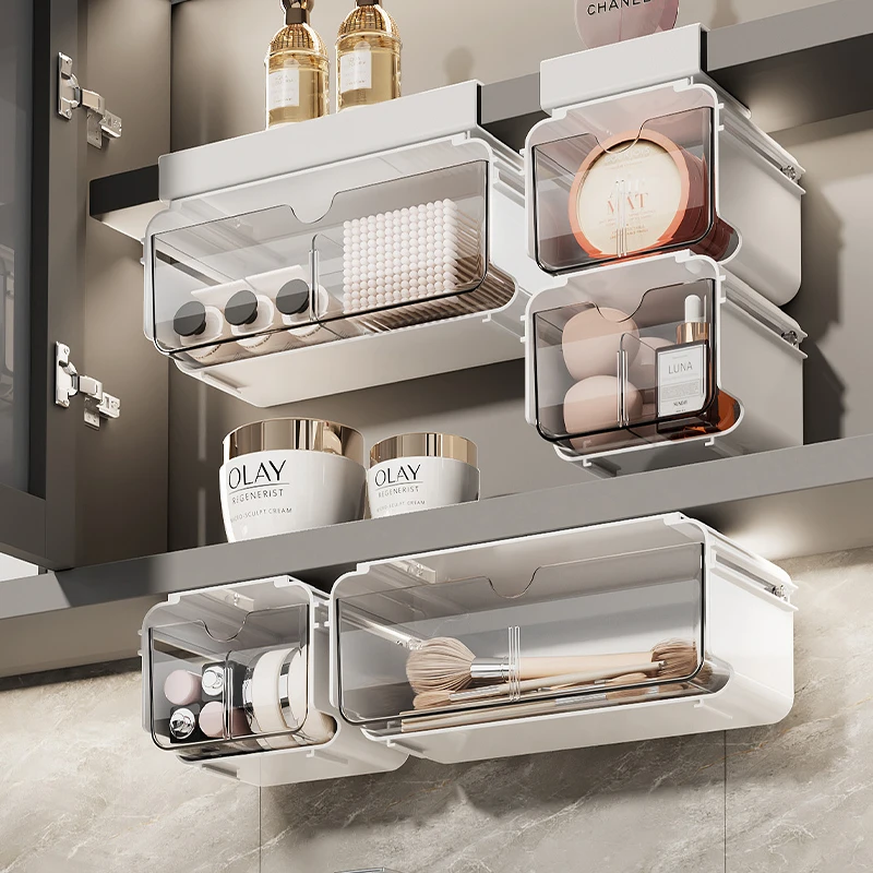 镜柜下抽屉式收纳盒卫生间化妆品卸妆棉口红棉签透明置物架神器