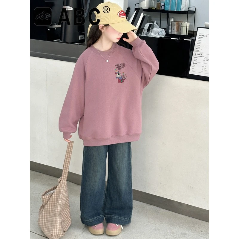 ABC女童秋装卫衣套装新款儿童中大童时髦春秋款衣服牛仔裤两件套