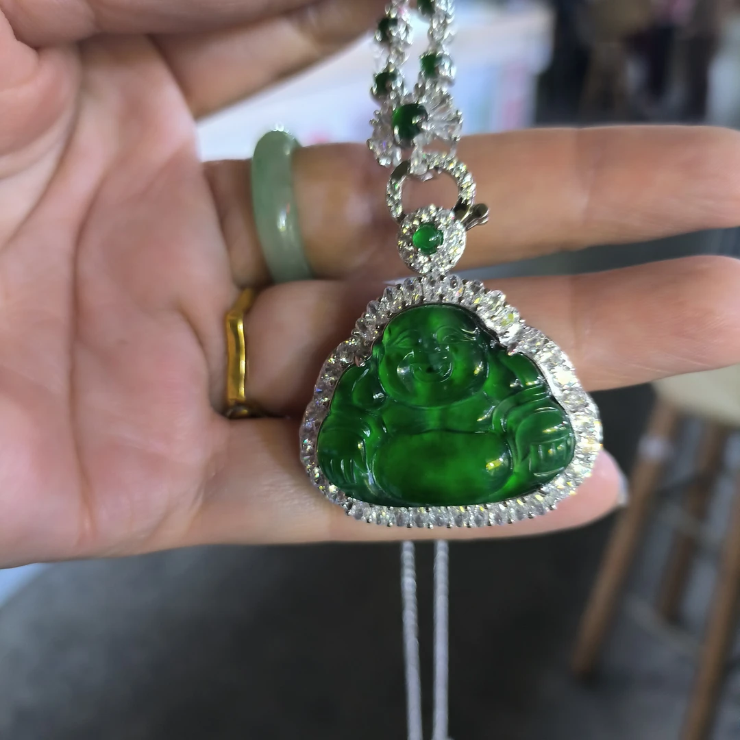 天然A货翡翠佛公豪华精致合金镶嵌精美高冰菠菜绿百搭潮流款