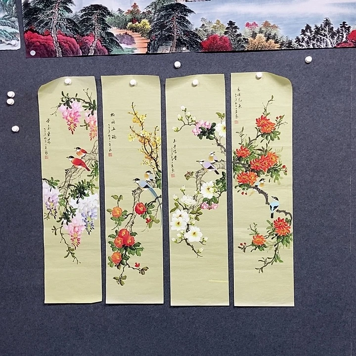 国画四条屏花鸟一套